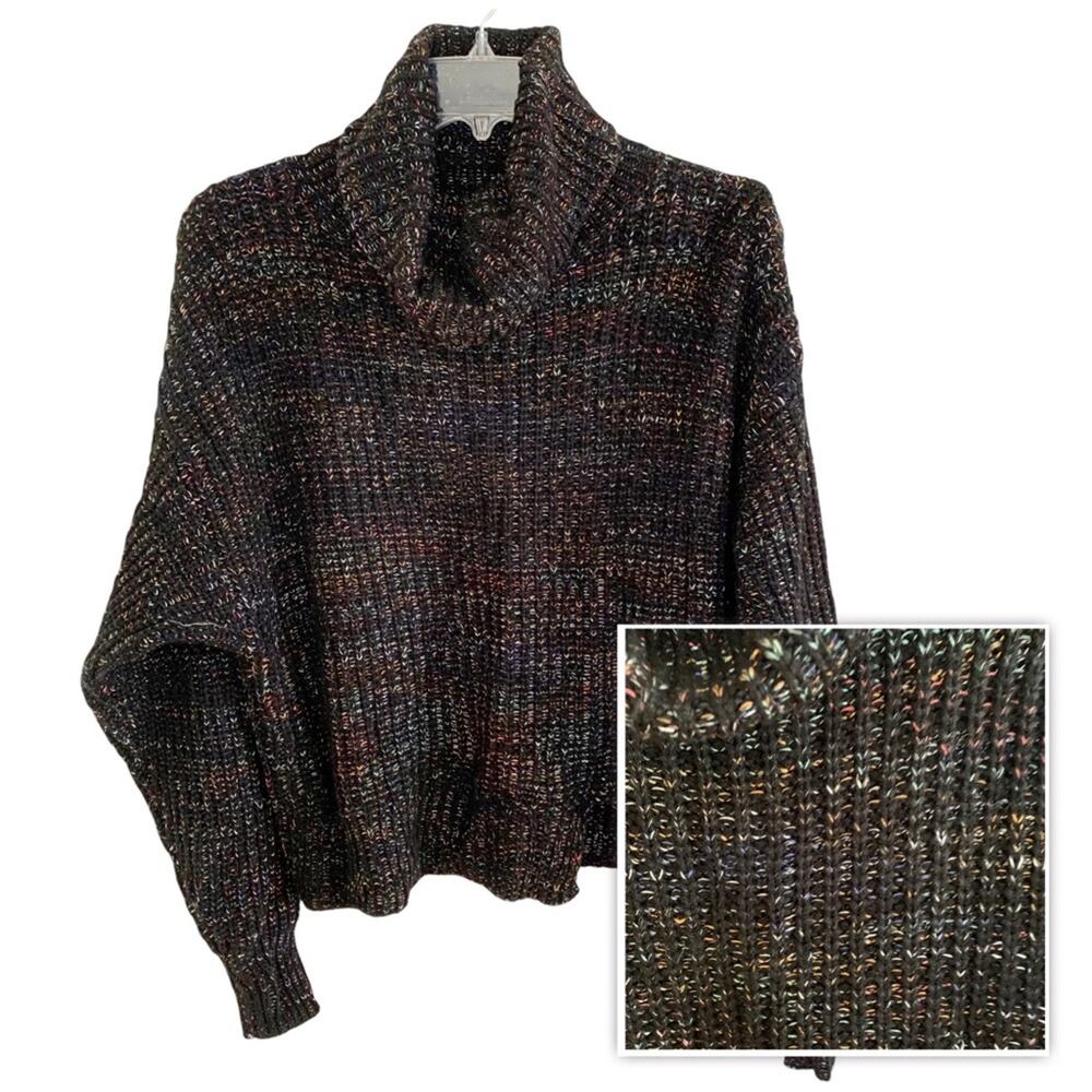 Leighton Chunky Knit Black Rainbow Confetti Turtleneck Large - Picture 1 of 8